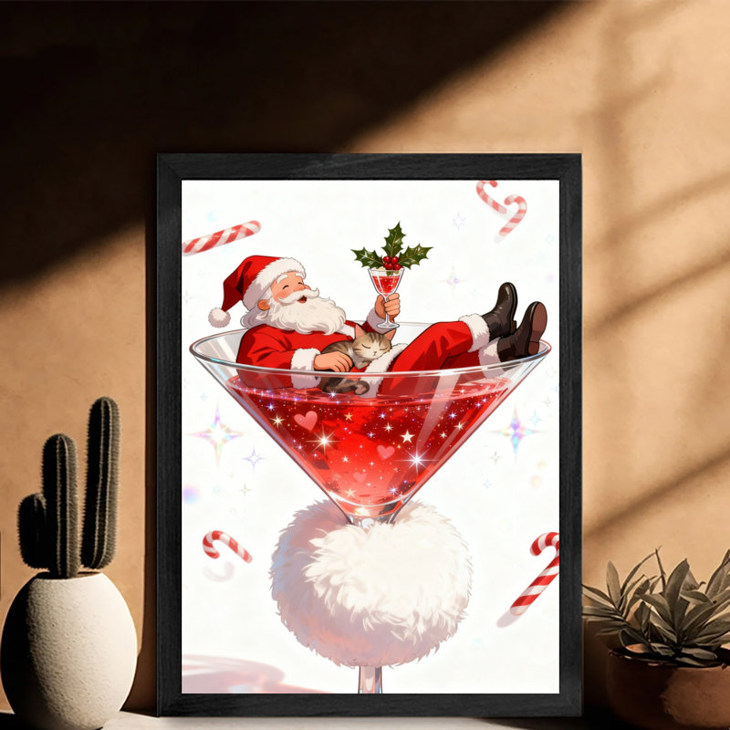 Art mural rétro noir encadré père Noël dans le verre à vin, impressions de style rétro, H 25 po x l 17 po