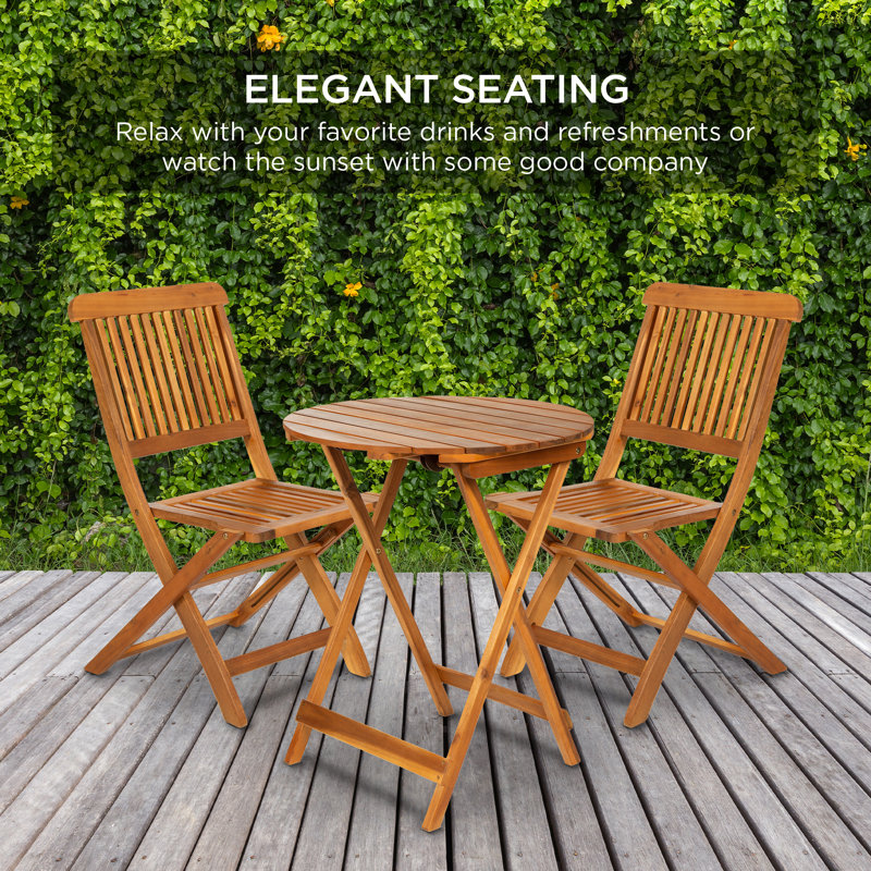 Ensemble bistro en bois d'acacia 3 pièces Nathane, meubles de patio pliants avec 2 chaises, table, finition teck