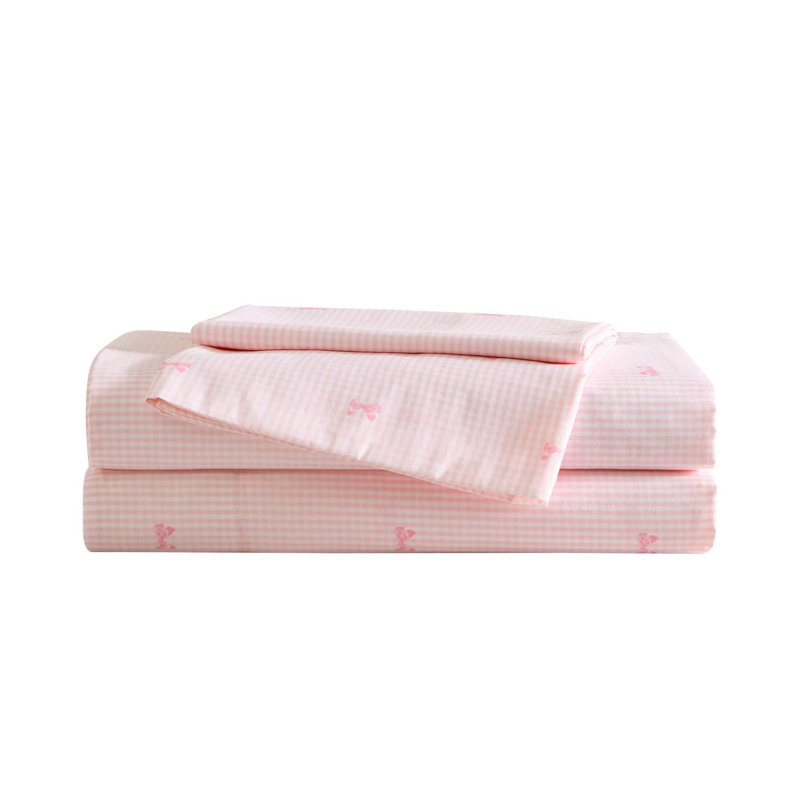 Laura Ashley Kids Cozy Printed Sheet Sets, Full Sheet Set with 2 Pillowcases, Tiny Bows Pink