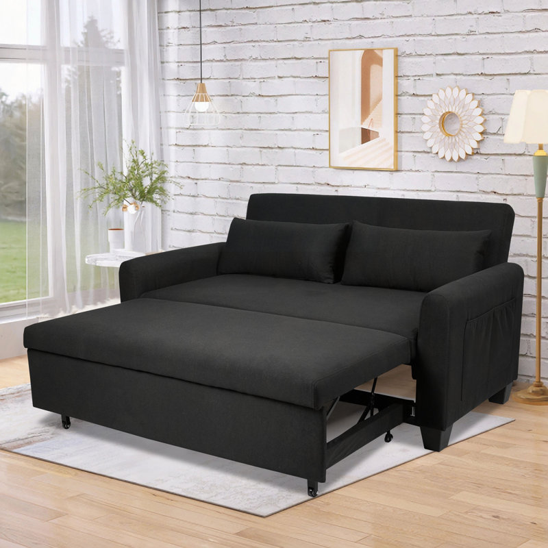 Très grand canapé-lit en tissu 2 en 1 de 61 po, canapé double avec sac de rangement, structure en fer renforcé, dossier et coussins réglables, convient aux chambres à coucher, aux salons et aux espaces extérieurs.