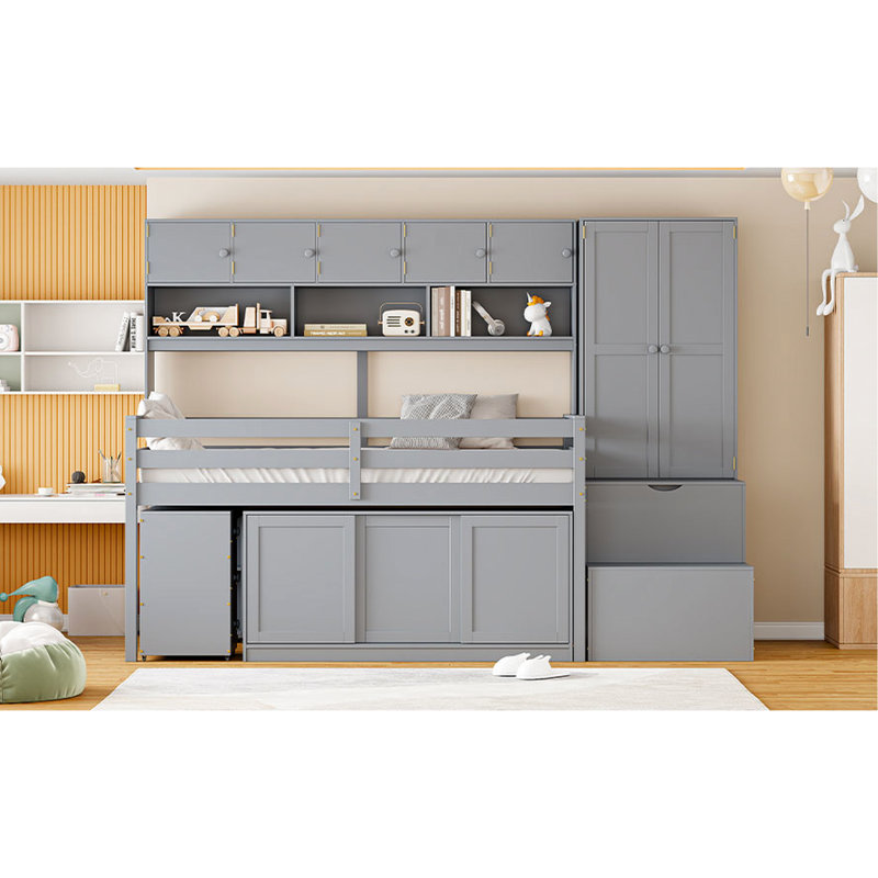 Lit mezzanine simple gris avec bureau, tiroirs et tablettes de rangement, Gris, Lit simple