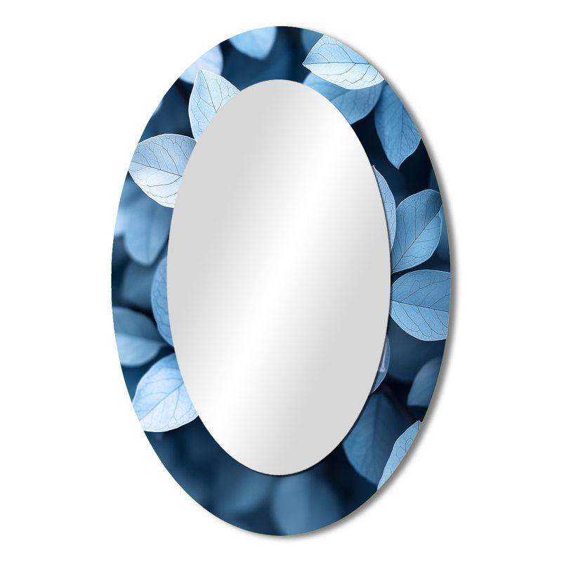 Minimalisme Smoky Blue Leaves II - miroir mural ovale tropical bleu, 36 po x 24 po