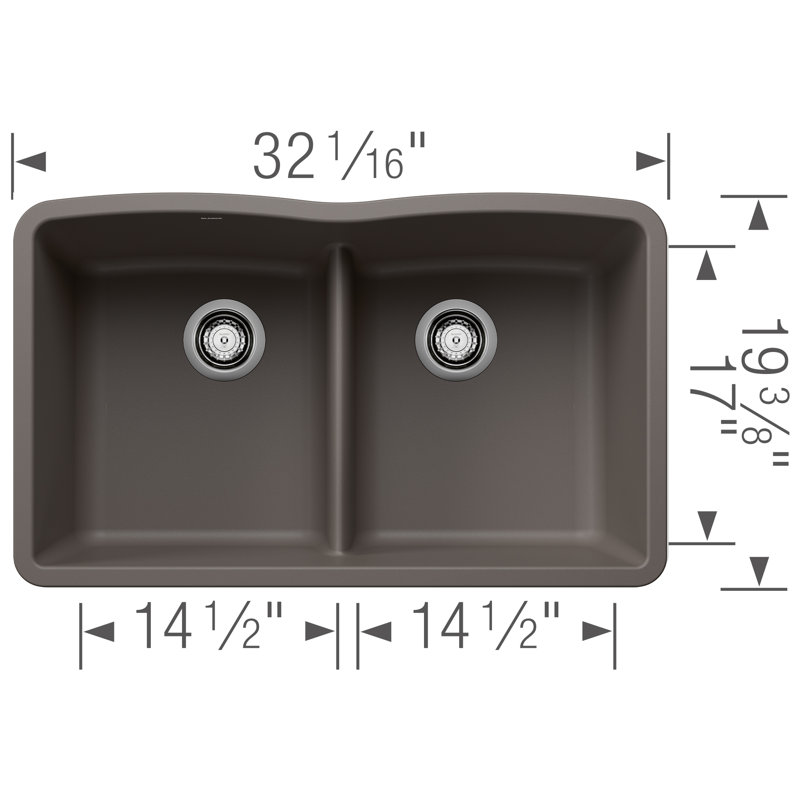 Évier de cuisine à double cuve en granite Diamond L 36 po x l 19 po avec crépine Diamond Silgranit, Gris volcanique