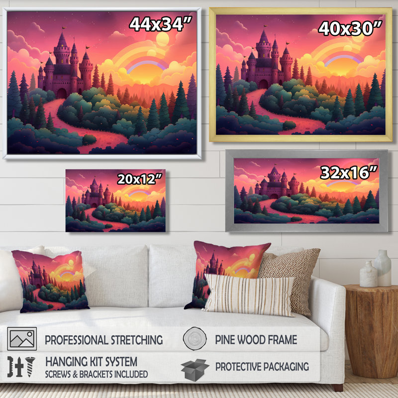 «Nursery Magical Castle Rainbow» - art mural arc-en-ciel, Cadre flottant brun, H 12 po x l 20 po x P 1 po