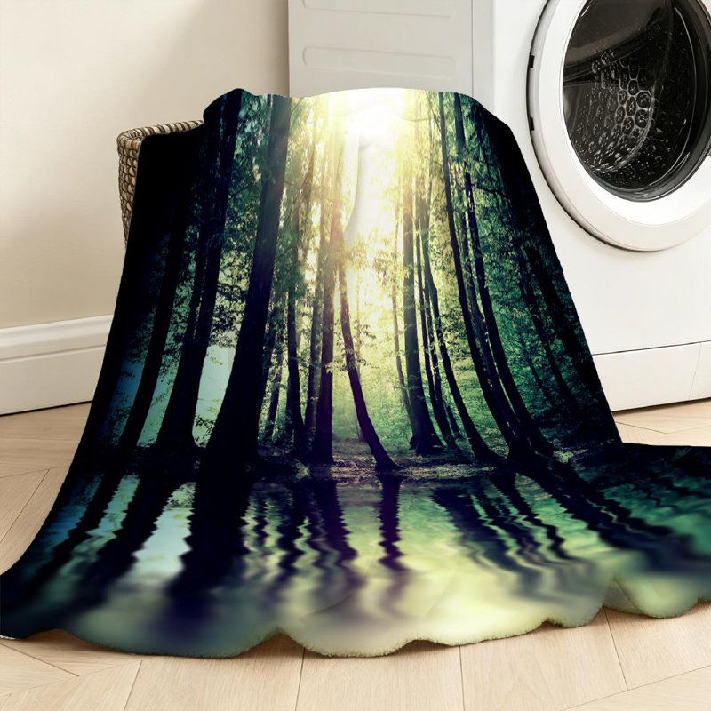 Jeté en flanelle verte molletonnée, imprimé forêt, Jeté 30 po x 40 po