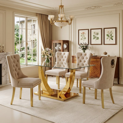 Ensemble de salle à manger rectangulaire moderne en verre avec chaises Parsons capitonnées