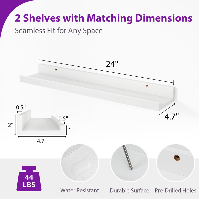 Tablette murale 2 pièces Darlicia, H 2 po x l 24 po x P 4,7 po, Blanc