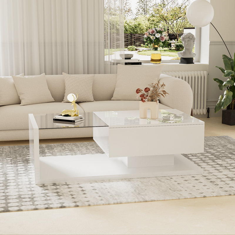 Camecia Pedestal Coffee Table with Storage, White, White
