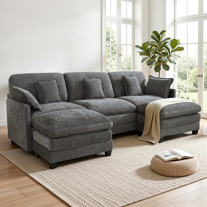 Canapé modulaire de 111,8 po, canapé 3 places en L avec 2 repose-pieds réversibles, Gris foncé