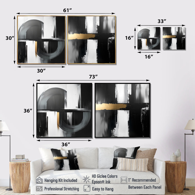 «Abstract Golden Drift Of The Dark Side III» - décoration murale moderne - art mural abstrait 2 pièces, H 30 po x l 61 po