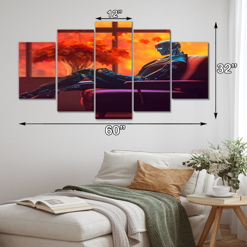 Stylish Humanoid Android Sitting On Couch I - Robot Canvas Art Print - 5 Panels