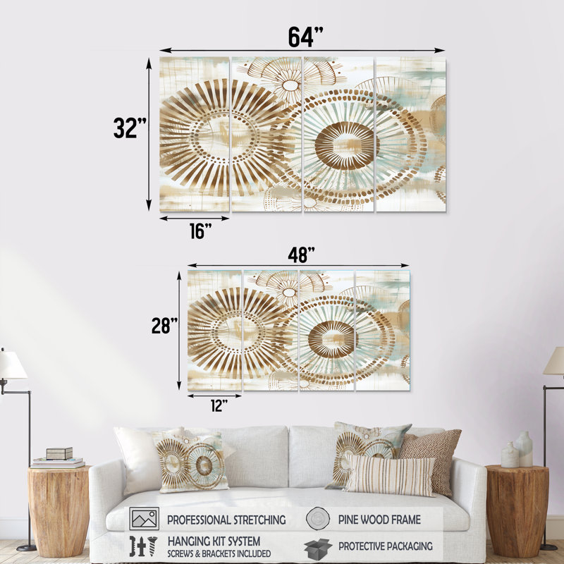 Beige boho bohémien mandala en spirale I - ensemble d'art sur toile mosaïque bohème, H 32 po x l 64 po