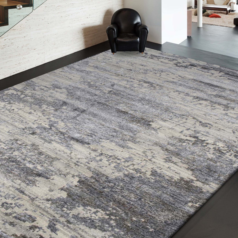 Tapis rectangulaire gris / argent en laine / viscose tissé à la main, Rectangle 8 pi x 10 pi