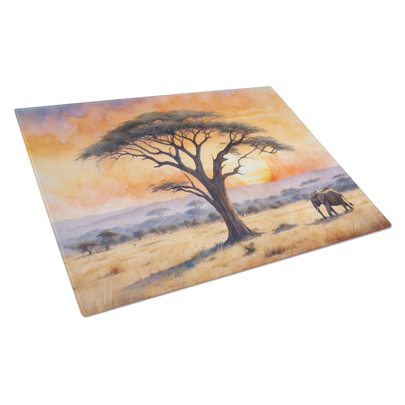 Planche à découper en verre Elephants Savanna Sunrise