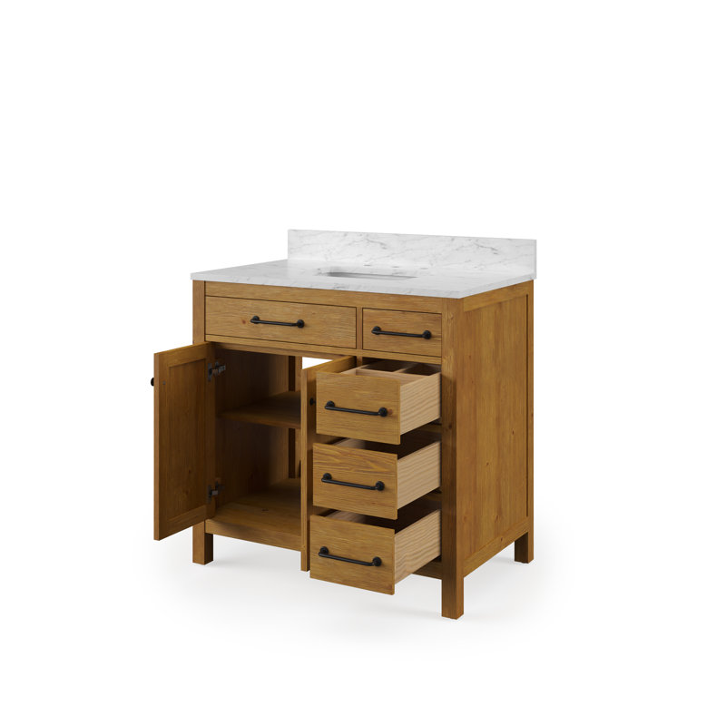 Meuble-lavabo autoportant à simple cuve en chêne Sierra de 36 po avec plateau en marbre blanc de Carrare de Marshall (assemblé)
