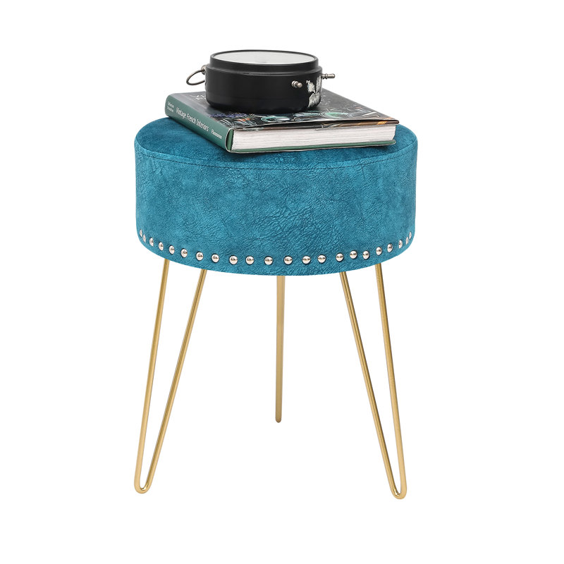 Velvet Round Footstool Ottoman, Blue Velvet