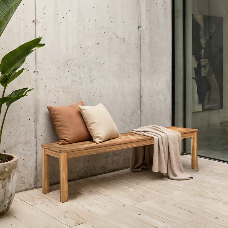 Solid Acacia Wood Slatted Outdoor Backless Bench