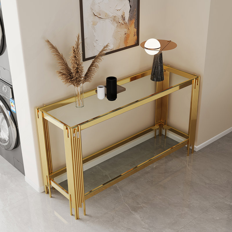 Console et miroir en verre trempé double couche supérieure et inférieure, H 29,53 po x l 47,24 po x P 15,75 po, Clair