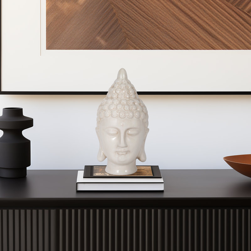 White Ceramic Buddha Head Figurine - 9" Stoneware Modern Home & Office Decor Accent