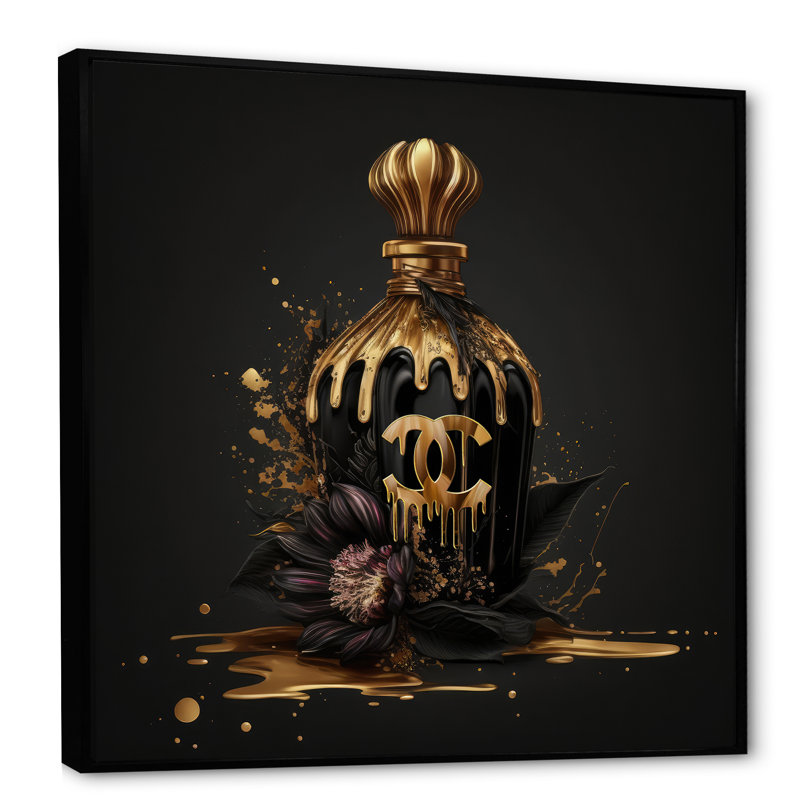 «Chic Black and Gold Perfume Bottle VIII», reproduction sur toile tendance, H 30 po x l 30 po x P 1 po
