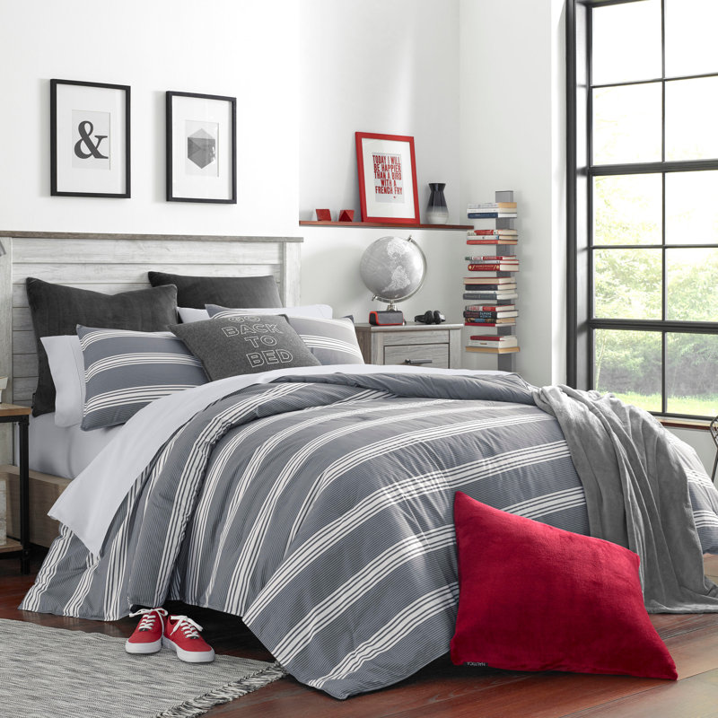 Ensemble d'édredon réversible en coton Nautica Craver, Édredon pour très grand lit + 2 taies décorativ, Gris