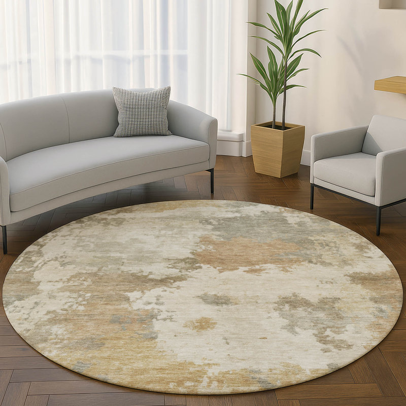 Premium Machine Washable Mayfield AMF2144 abstract Rug, Khaki, 8' Round