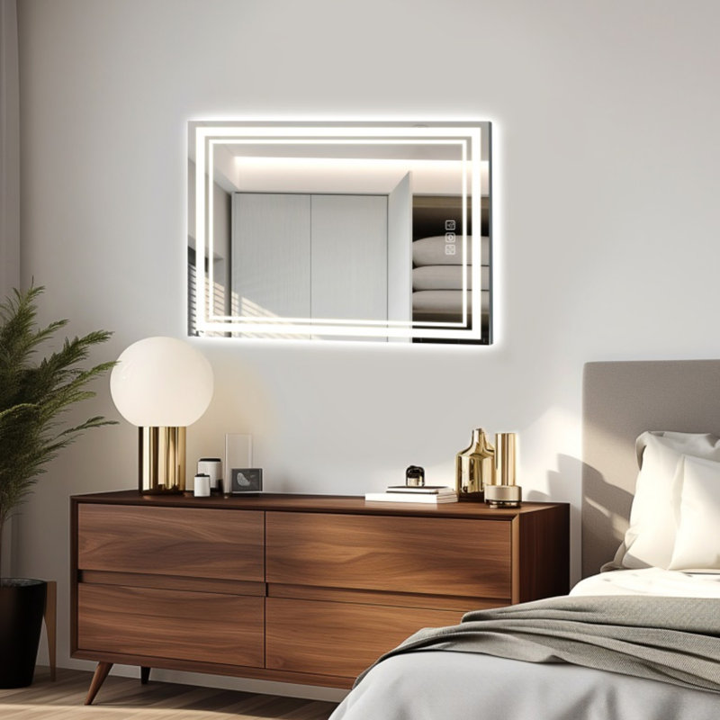 Miroir de salle de bain à DEL 36 po x 28 po à l'avant et à l'arrière, désembuage 5 minutes, miroir de meuble-lavabo mural 5 mm à réflexion intégrale HD, 3 couleurs à intensité variable, CRI90 +, fonction de mémoire (à brancher / câblé)