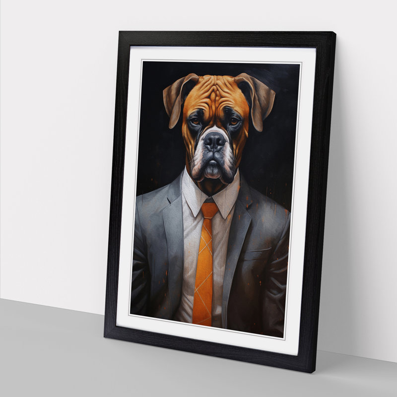 Boxer Dog In A Suit Painting No.4 - Single Picture Frame Print on Wood, Black Framed, 64cm H x 46cm W x 2cm D