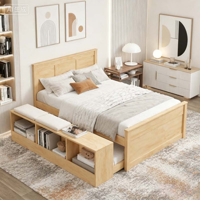 Lit plateforme en bois avec lit gigogne escamotable, armoire de rangement