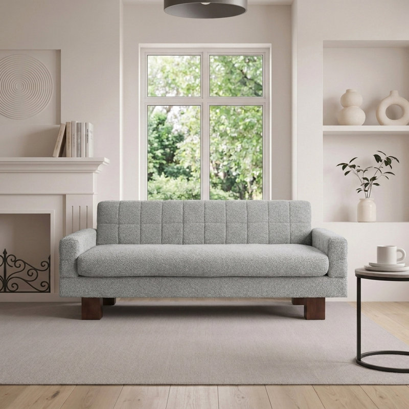 Causeuse moderne à 2 places avec dossier capitonné en biscuit, accoudoirs carrés et siège à coussin simple, Bleu-gris clair