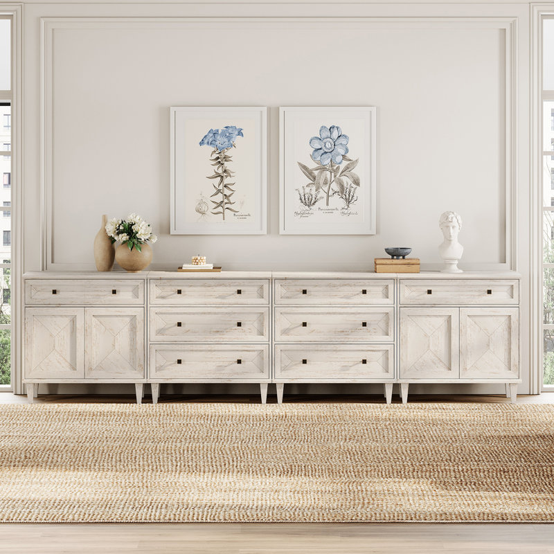 Buffet de style Mid-Century de 126 po fabriqué à la main avec rangement, 8 tiroirs et 2 armoires, pieds fuselés en bois massif, pour la salle à manger ou le salon, blanc