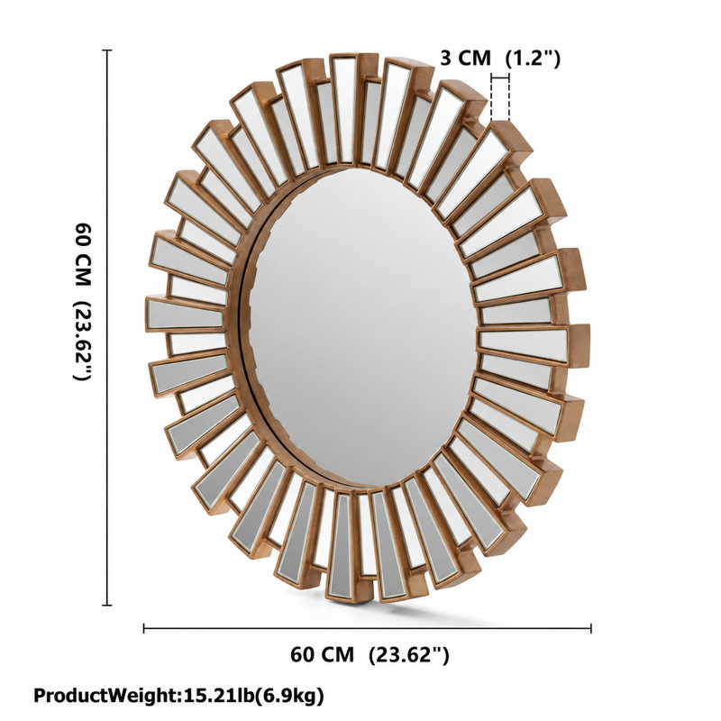 Freelon 23.6" Sunburst  Decorative Round Gold Wall Mirror, Gold