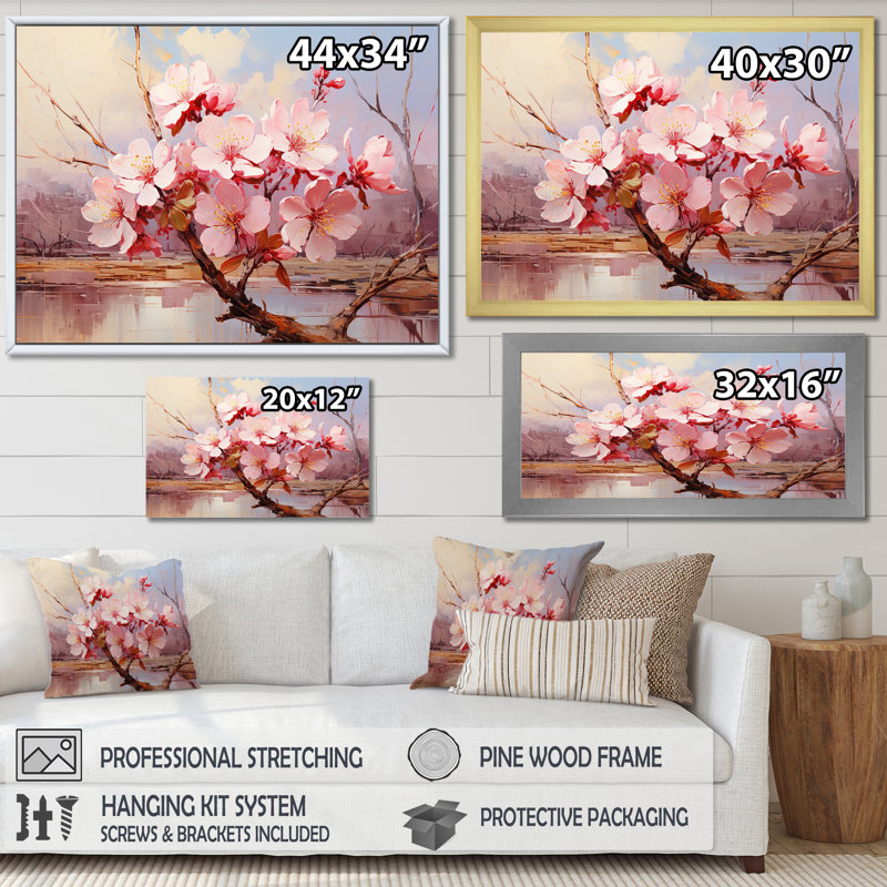 «Pink Whispering Cherry Blossoms II», art mural fleurs, H 12 po x l 20 po x P 1 po, Cadre d'angle fermé noir