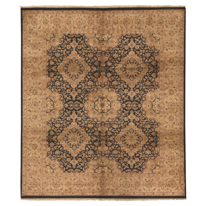 Hand Knotted Silk Area Rug in Black And Light Gold