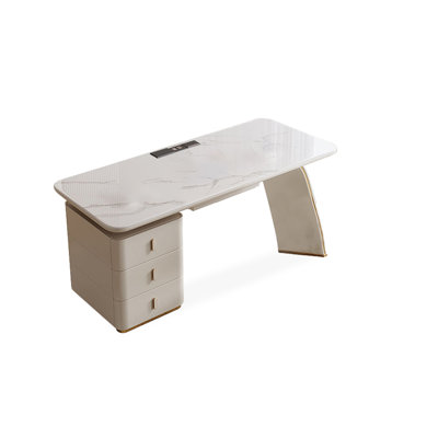 White Rectangular Sintered Stone+Manufactured Wood with 3 drawers desk by Groove Interior