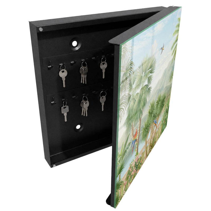 Key storage box, Opens to the right, 30x30x5, Black, Exotic landscape with palm trees and parrots, 