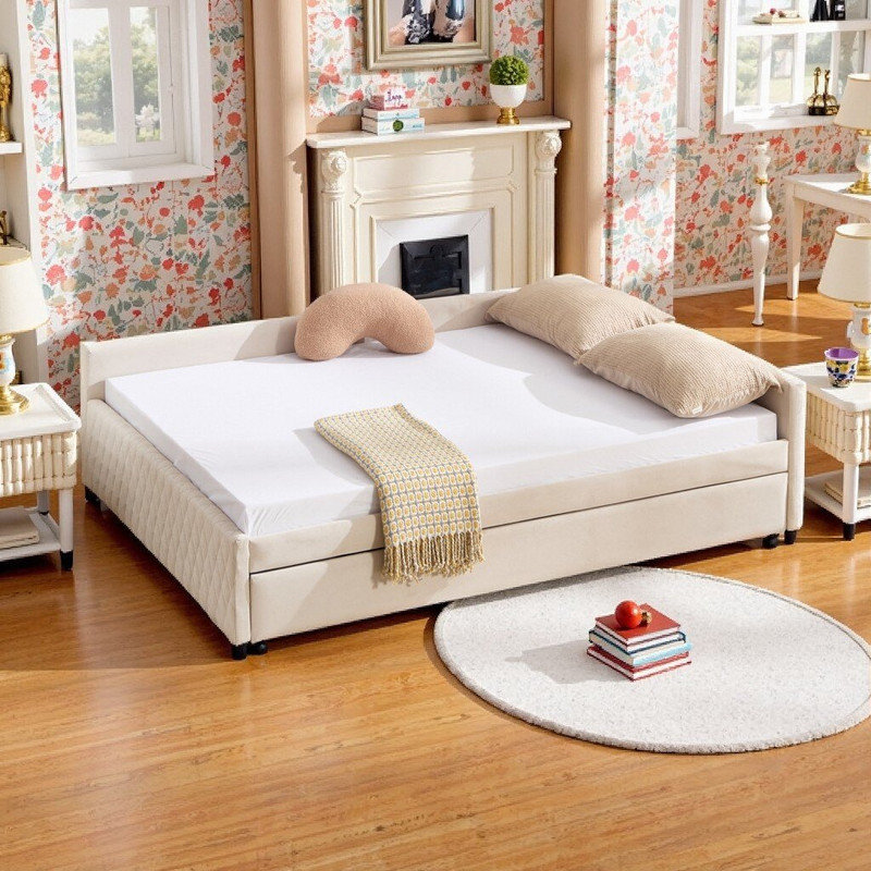 Twin Size Bed Frame, Upholstered Daybed with Trundle Velvet and MDF, Beige