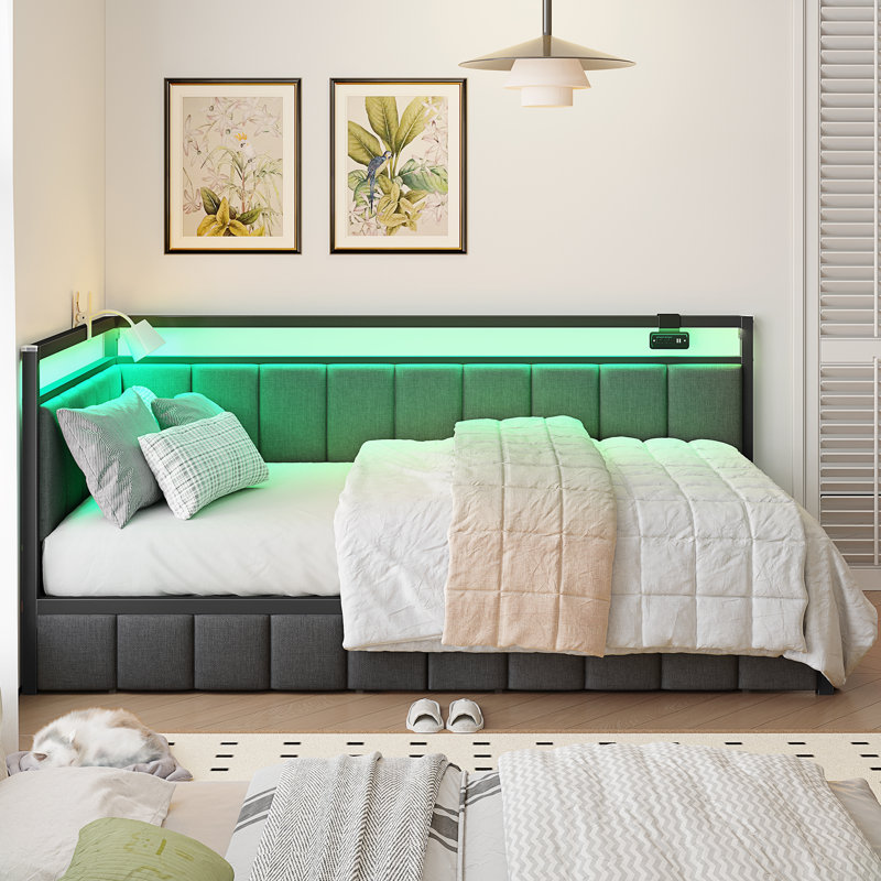 Corner Bed Frame with LED Lights and Charging Station, Cord Cloth  Upholstered Bed with Underbed Storage Drawers, Modern Sofa Bed, No Box  Spring/No