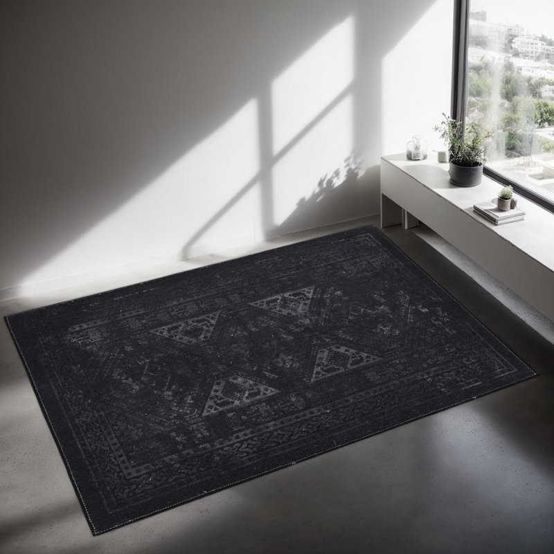 MAVAL Black Washable Rug Oriental Indoor Rug, Rectangle 6' x 9'