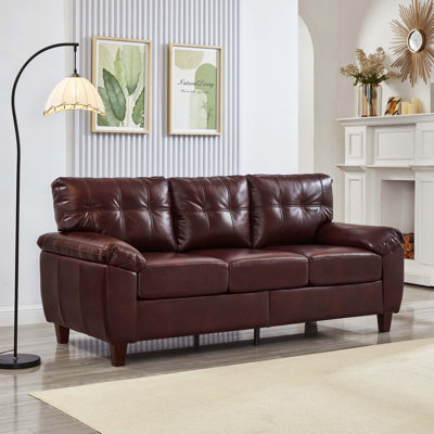 Large Arm Storage PU Faux Leather Three-Seater Sofa, Breathable Upholstered Living Room Couch