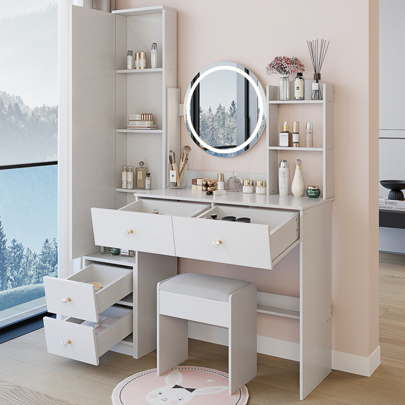Armoire à miroir pleine grandeur avec coiffeuse à DEL et tabouret rembourré, Blanc
