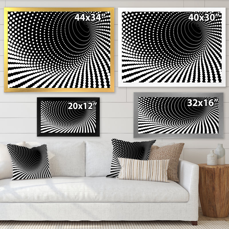 Abstrait vortex noir et blanc - art mural moderne sur toile, Cadre photo noir, H 16 po x l 32 po x P 1 po
