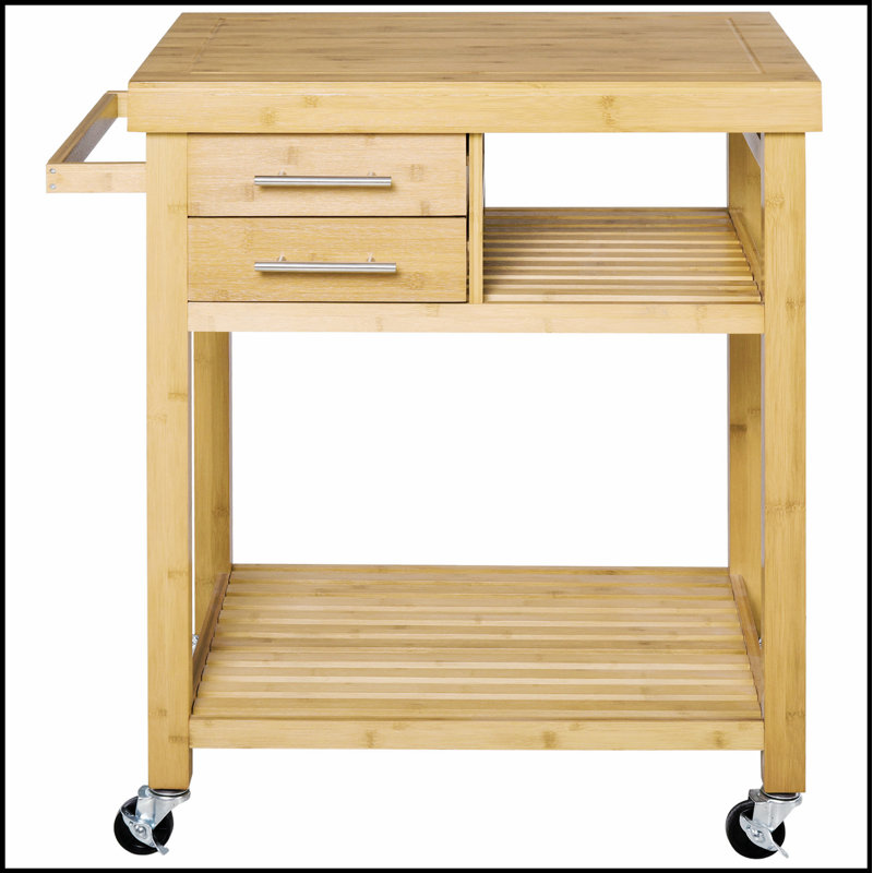 Chariot en bambou pour îlot de cuisine sur roulettes avec tiroirs et tablettes, pour le rangement et la mobilité dans les cuisines modernes.