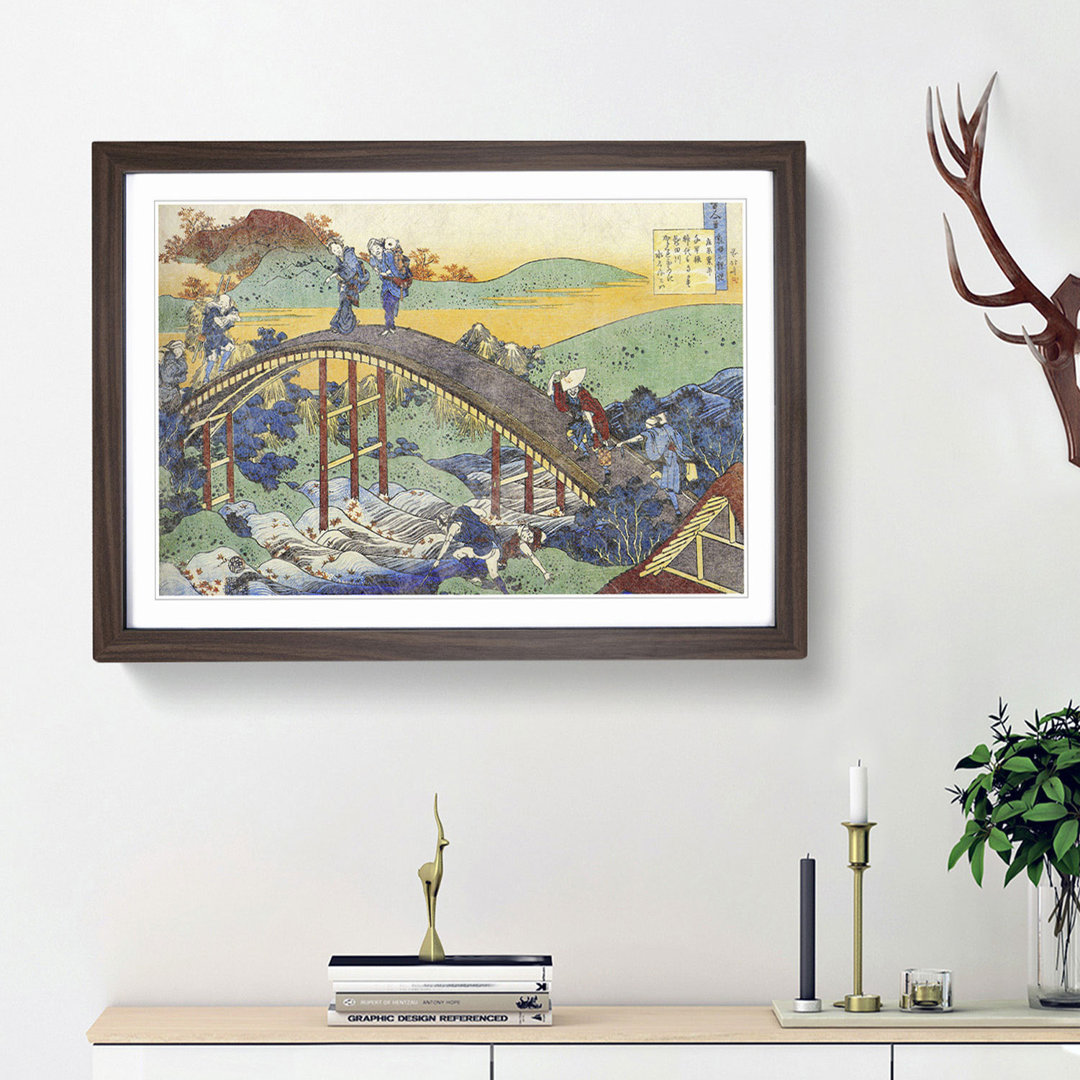 Crossing the Bridge by Katsushika Hokusai - Framed Print