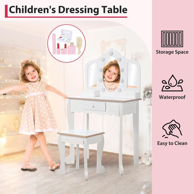 Ensemble de coiffeuse pour enfants avec tabouret, miroir à 3 panneaux et table de maquillage pour filles, ensemble de jeu pour tout-petits