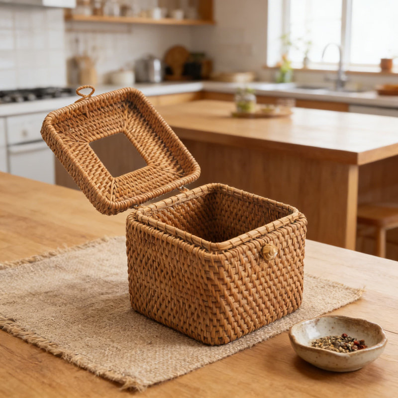 Couvercle de boîte à mouchoirs en rotin naturel avec couvercle - Porte-mouchoirs carré tissé à la main pour la salle de bain, la cuisine, le salon et le bureau