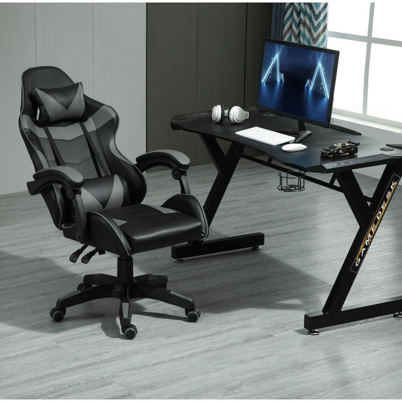 Inbox Zero Adjustable Reclining Ergonomic Faux Leather Swiveling PC & Racing Game Chair, Grey