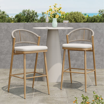 Outdoor Aluminum Frame Barstools with PE Rattan Scallop-shaped Backrest, Set of 2