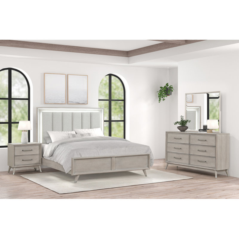 Ensemble de chambre à coucher 4 pièces avec éclairage à DEL Roundhill Haak, finition chêne gris, très grand, Très grand