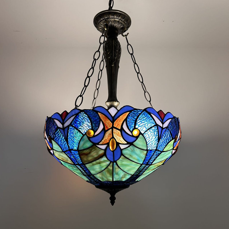 Bronze Bowl Pendant Light with Blue and Green Stained Glass Shade